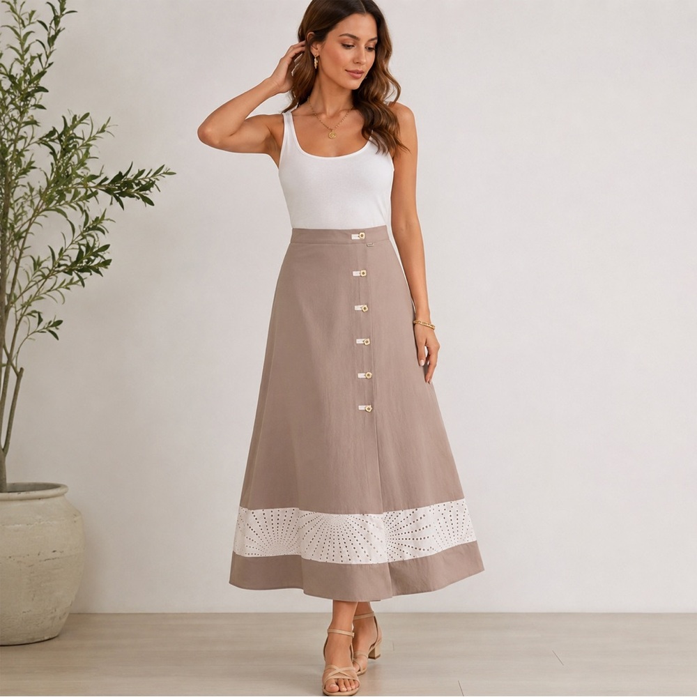 Guzella Taupe Maxi Skirt with White Eyelet Band